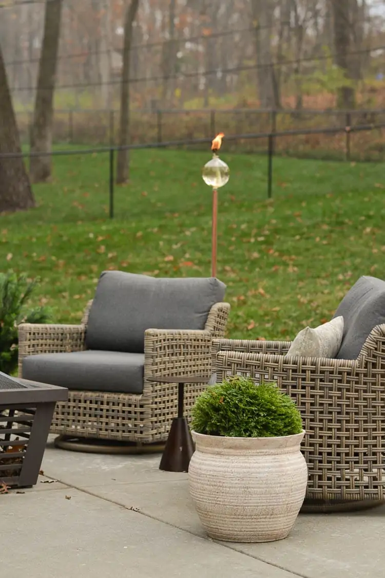 back patio with fake plants and glass tiki torches