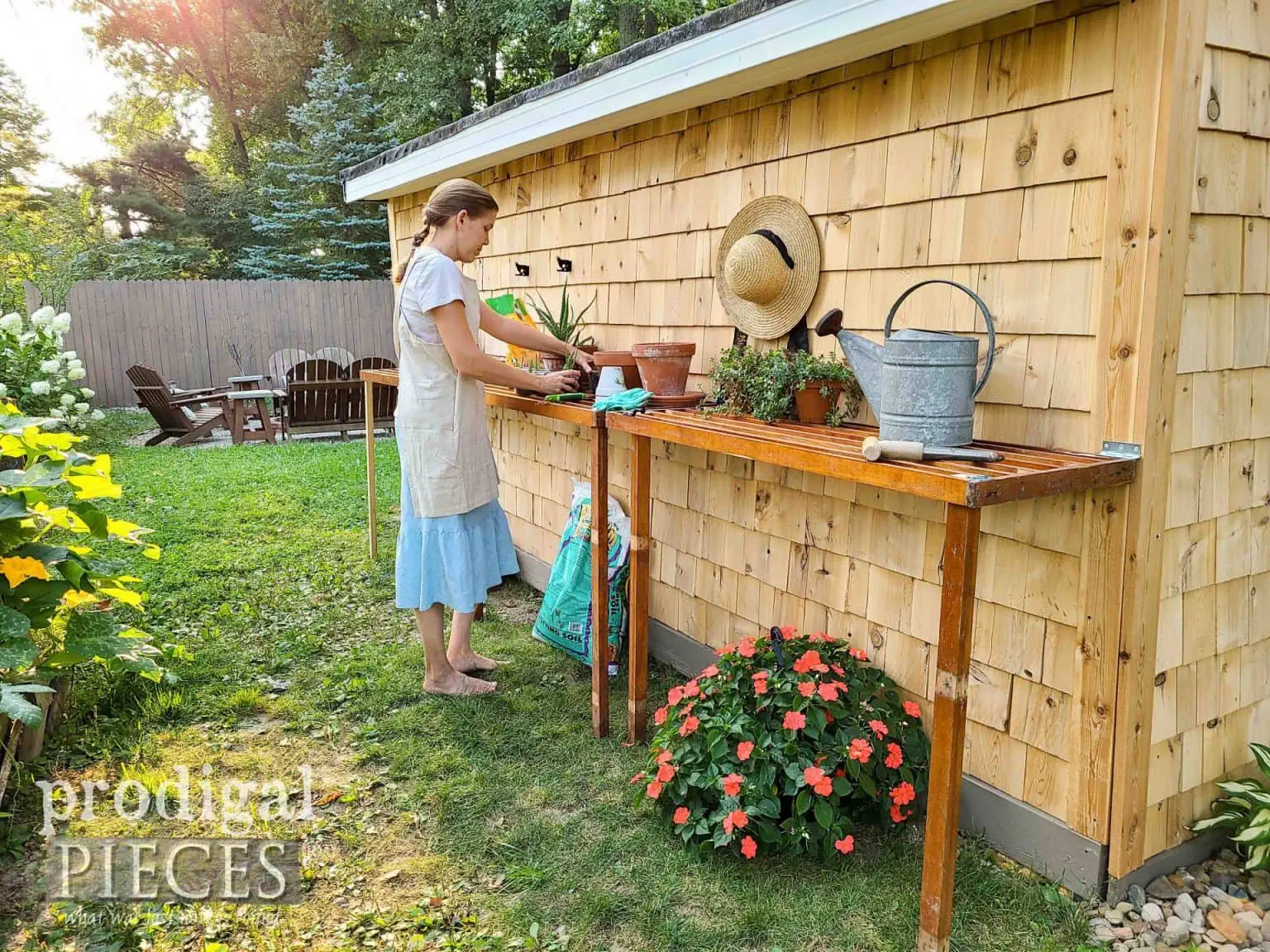 Collapsable potting benches attached to shed