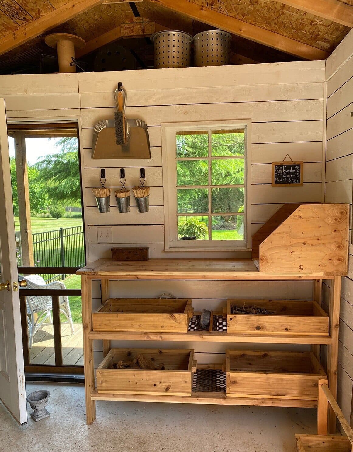 DIY soil bin addition in shed with DIY potting bench with storage