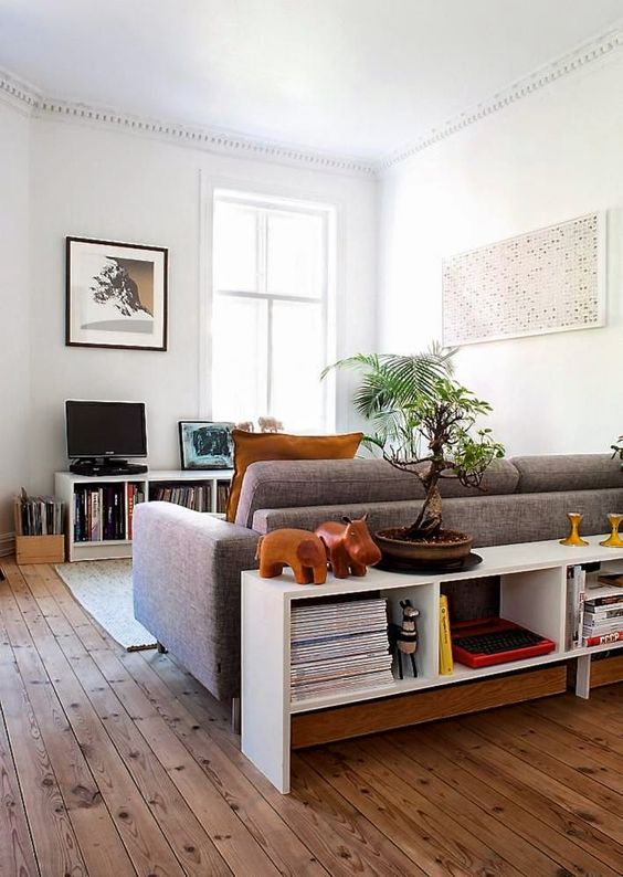 Behind couch table bookshelf 