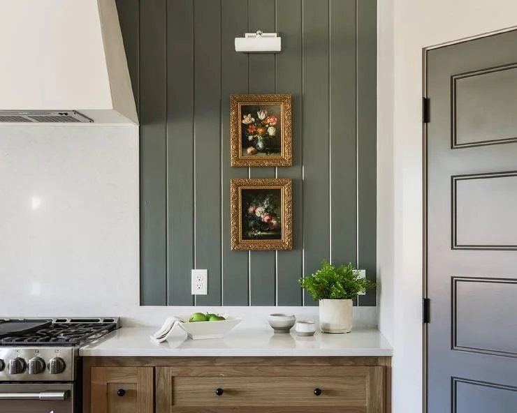 modern farmhouse shiplap walls showing a green painted kitchen backsplash 