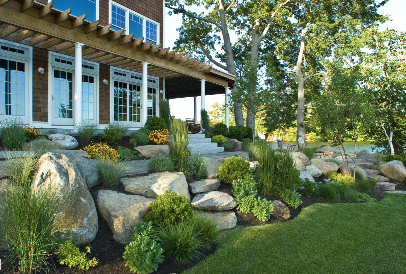 large boulders front yard landscaping 