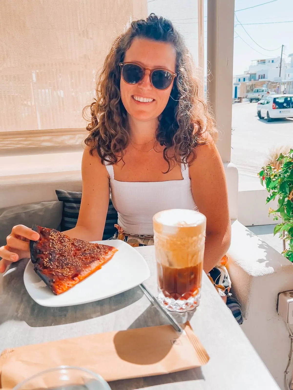 Watermelon pie and cappuccino Freddo at Alestra in Pollonia, Greece