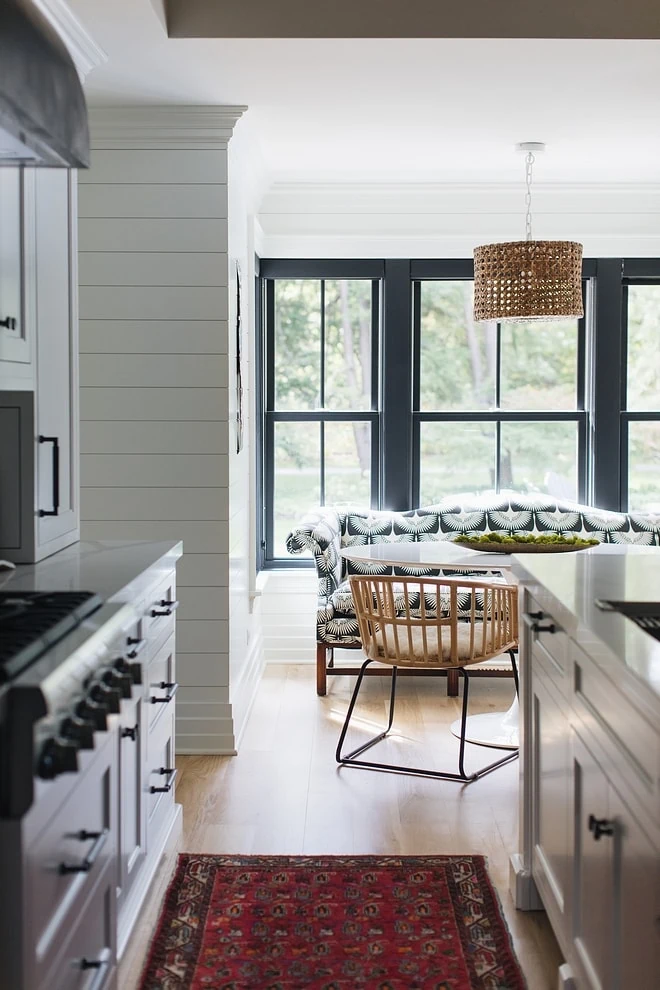 black window trim and black windows in eat in kitchen 