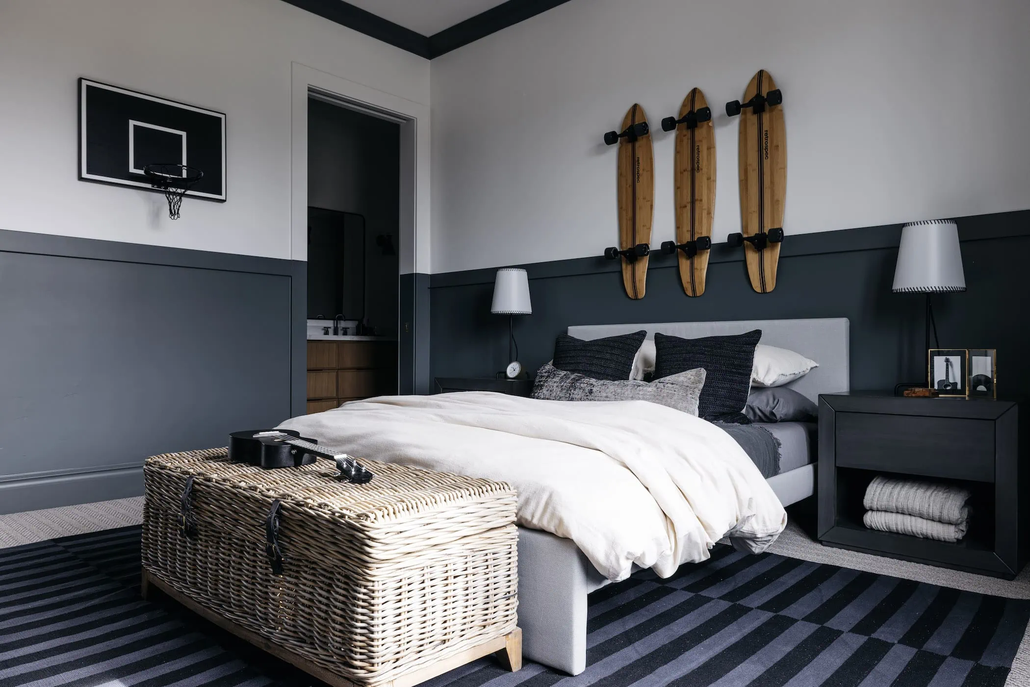 hanging skateboards in modern teenage guy room 