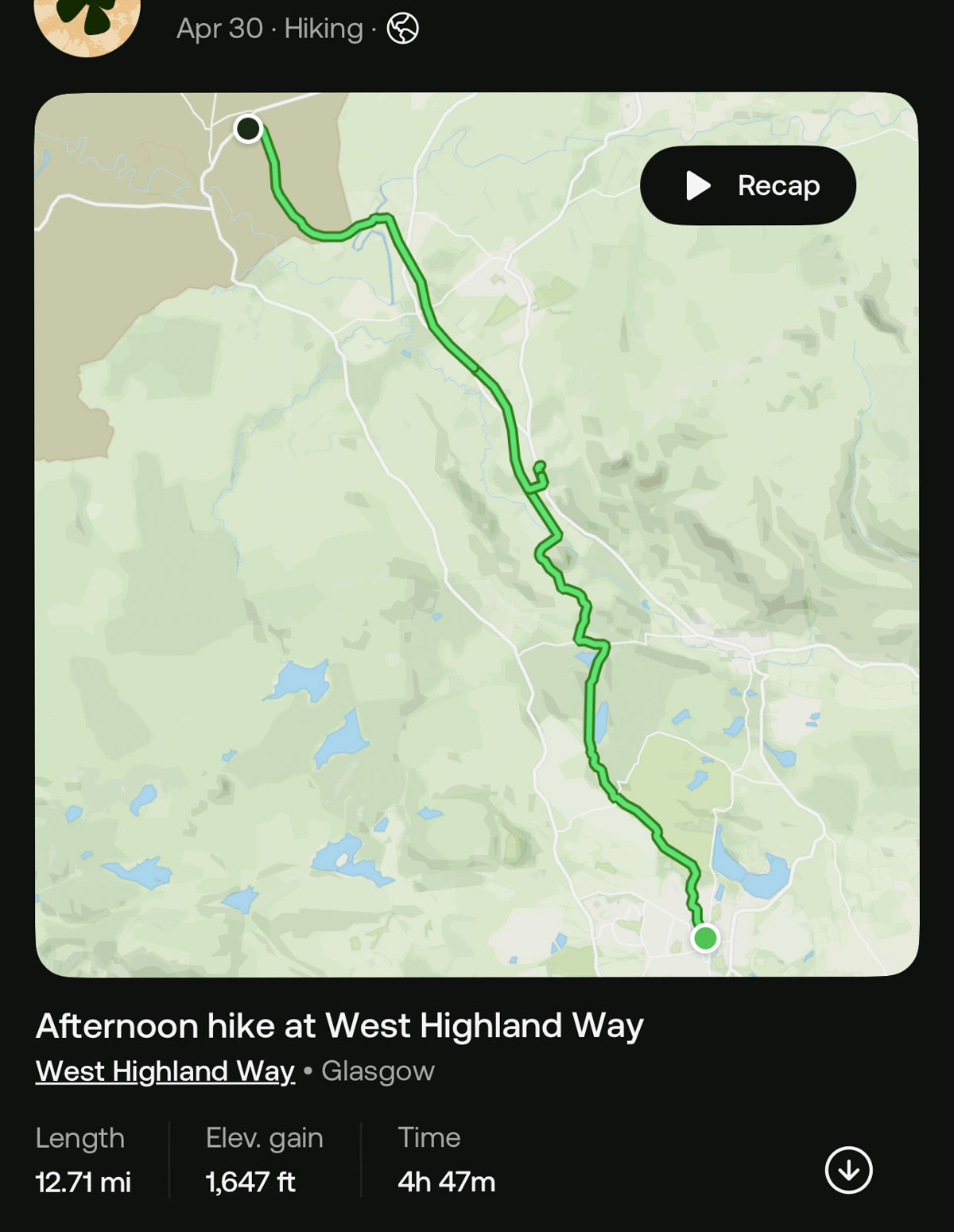 Milngavie to Drymen tracked through All Trails on West Highland Way 