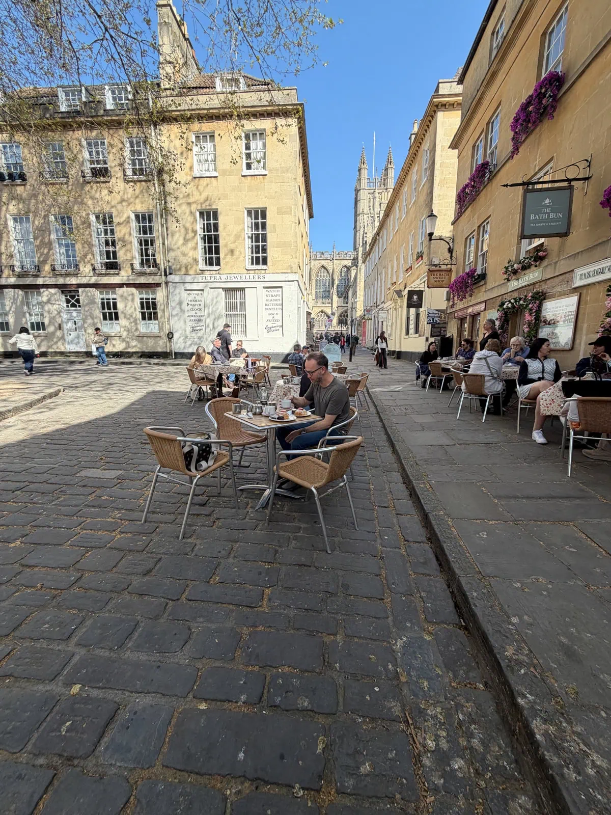 Having scones and tea in Bath, England after completing the Cotswold Way